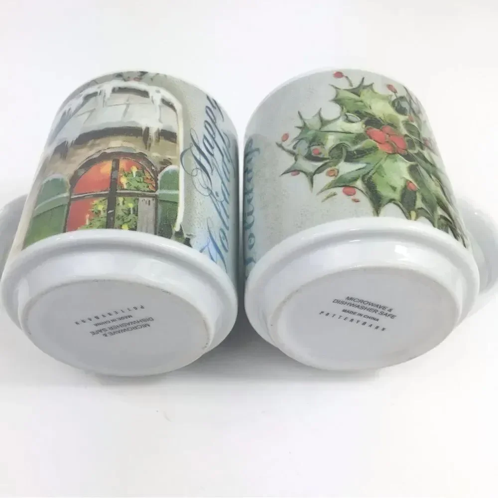 Pottery Barn Nostalgic Happy Holidays Ceramic Mug Set of Two Bundle